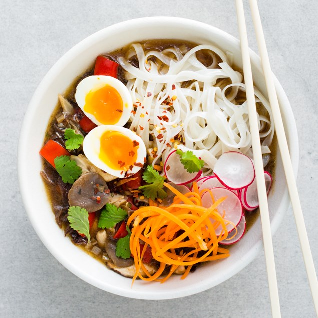 Rice Noodles and Egg Soup with Exotic Mushrooms