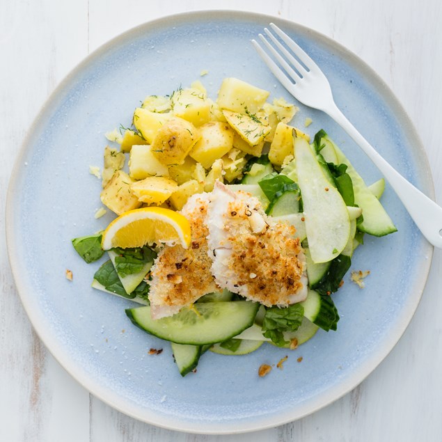 Macadamia Crusted Fish with Dill Potatoes and Pear Salad