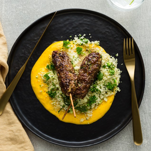 Harissa Lamb Kofta with Garden Couscous and Saffron Yoghurt