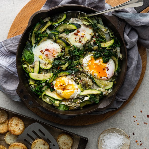 Leek and Preserved Lemon Braised Eggs with Za’atar Roasted Potatoes