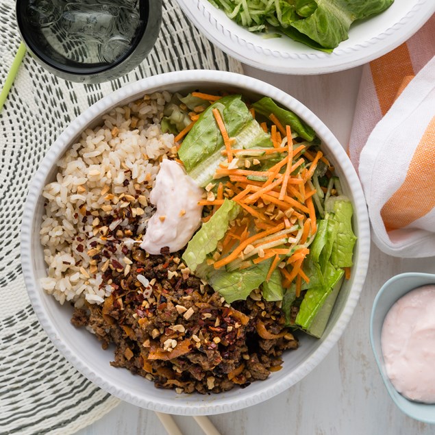 Japanese Sticky Beef Bowls with Cucumber Sticks & Pink Mayo