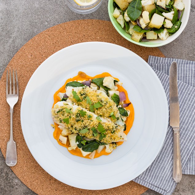 Tunisian Fish with Spiced Carrot Puree and Roasted Cauliflower