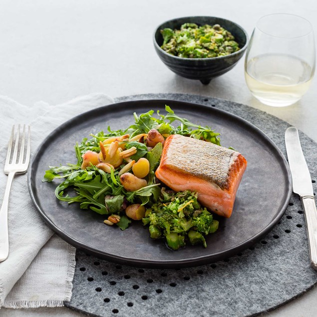 Crispy Skin Salmon with Caramelised Yams and Broccolini and Caper Salsa