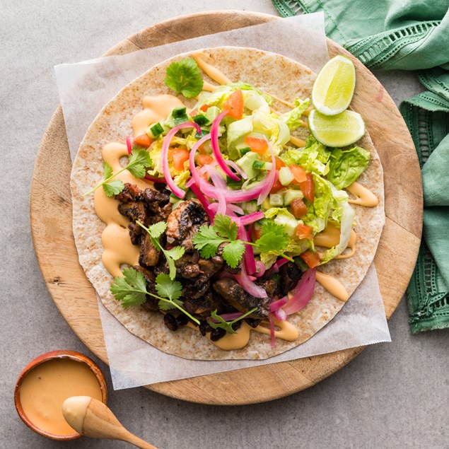 Pulled Mushroom & Black Bean Tacos with Pickled Onion & Smoked Paprika Mayo