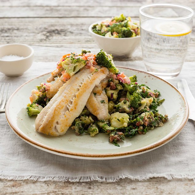 Fish with Smoky Colcannon Potatoes and Broccoli Salsa