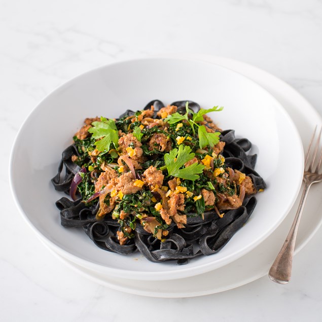 Squid Ink Tagliatelle with Chorizo, Romesco and Preserved Lemon