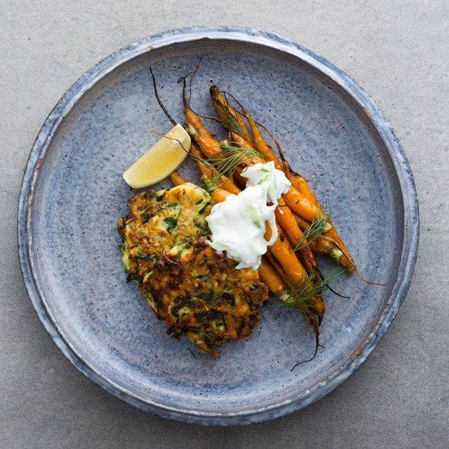 Courgette, Feta and Dill Fritters with Cumin Roasted Carrots