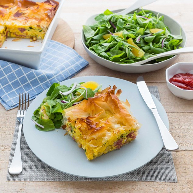 Bacon and Egg Pie with Orange Rocket Salad