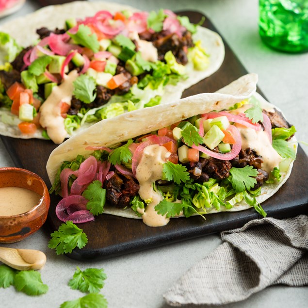 Pulled Mushroom & Black Bean Tacos with Pickled Onion & Smoked Paprika Mayo
