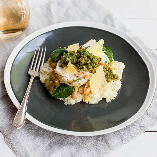 Thyme-Roasted Chicken and Beans with Cauliflower Mash and Caper Sauce