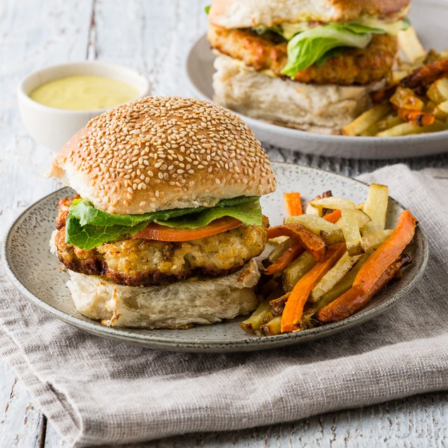 Indian Chicken Burger with Bombay Chips