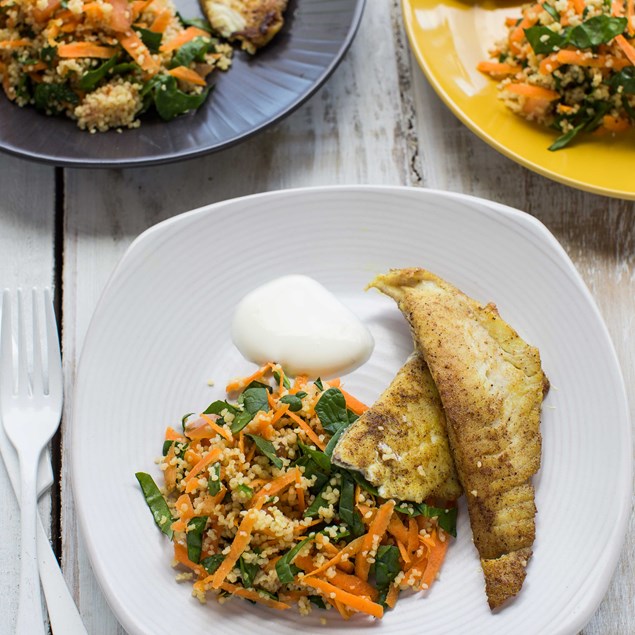 Moroccan Fish and Vegetable Couscous with Honeyed Yoghurt