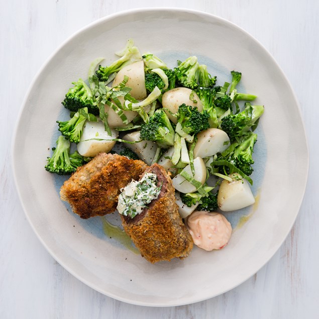 Spinach and Ricotta Stuffed Beef Schnitzel with Sour Cream Potatoes