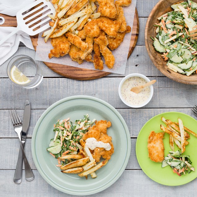 Chicken Fingers with Honey Mustard Mayo and Slaw
