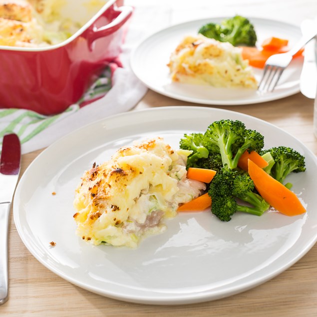 Crunchy Potato Top Fish Pie with Steamed Veggies