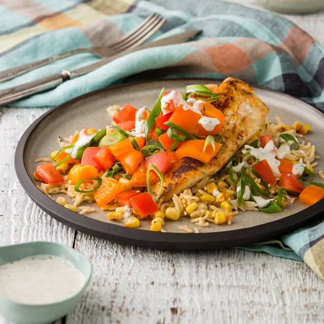 Creole Fish with Corn Spiced Rice & Dill Cream