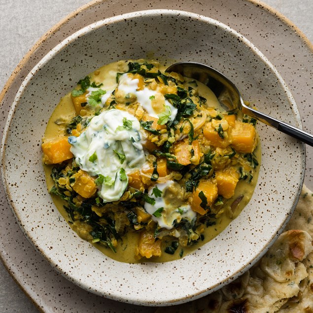 Lentil lemongrass Dahl with Coriander Yoghurt and Naan