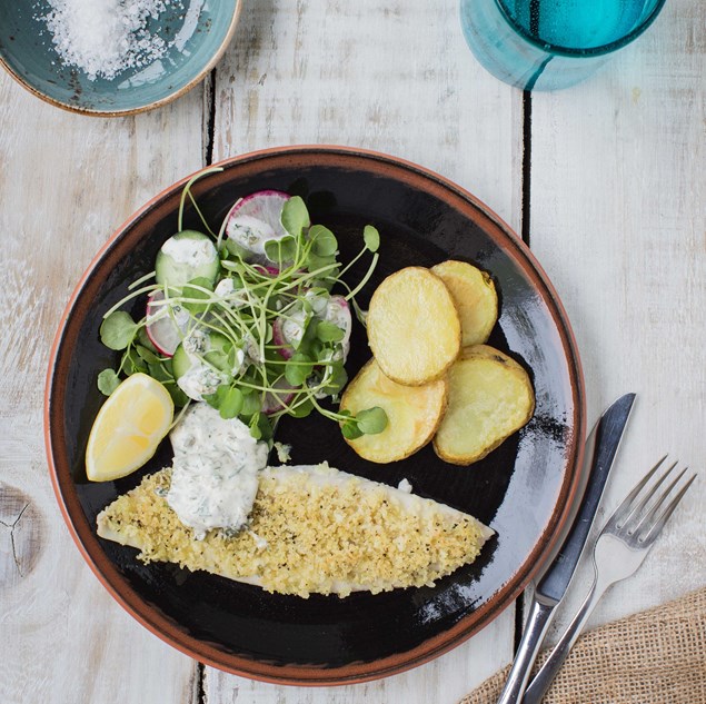 Lemon Pepper-Crumbed Fish with Crispy Potatoes and Watercress Salad