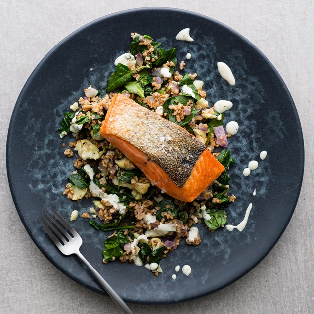 Citrus Salmon with Cauliflower Farro Salad and Dill Dressing