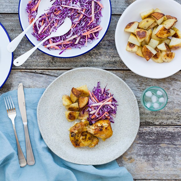Lemon and Thyme Butterflied Chicken with Roasties and Slaw