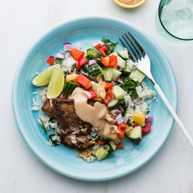 Jerk Fish with Coconut Rice and Pineapple Salsa