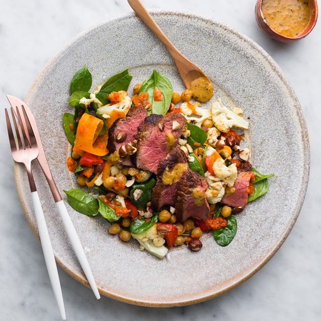 Beef Sirloin Steaks With Roast Cauliflower And Chickpea Salad