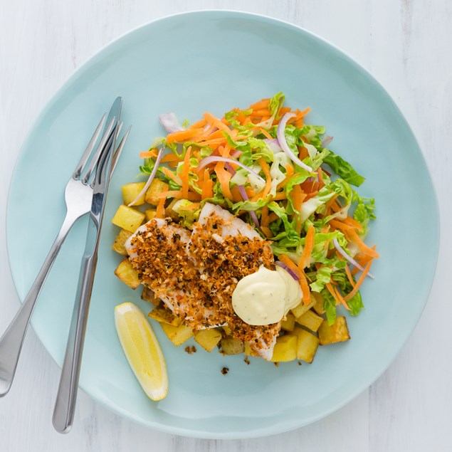 Aromatic Herb-Crumbed Fish with Smoked Hickory Roasties and Hollandaise