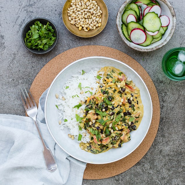Black Bean Saagwala with Rice and Pine Nuts