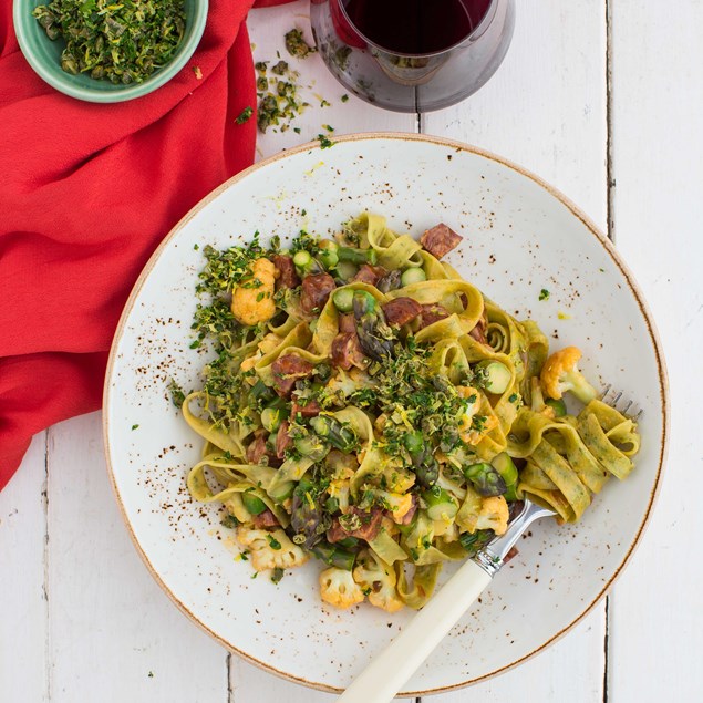 Chorizo, Cauliflower and Spinach Fettucine with Asparagus and Gremolata