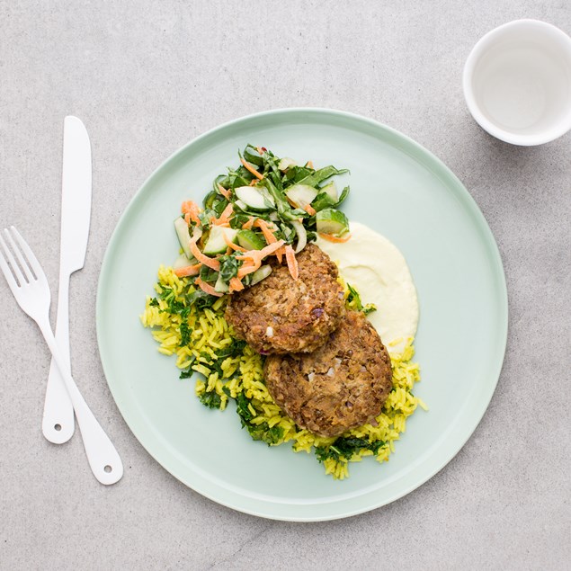 Thai Lentil Patties with Lemongrass Rice and Coconut Yoghurt