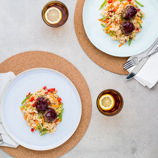 BBQ Plum-Glazed Venison Meatballs with Asian Rice Salad 