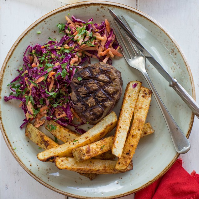 Beef Eye Fillet with Hand-Cut Chips, Peanut Slaw and Chipotle Mayonnaise