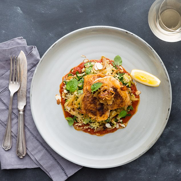 Baharat Fish with Almond Pilaf and Caramelised Onions