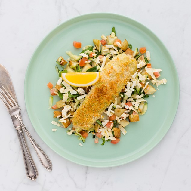 Lemon and Caper Crumbed Fish with potato Salad