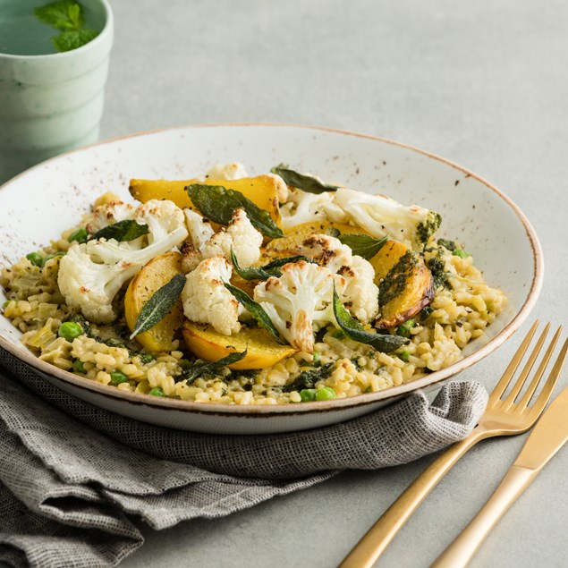 Leek & Saffron Risotto with Roasted Cauliflower & Basil Drizzle