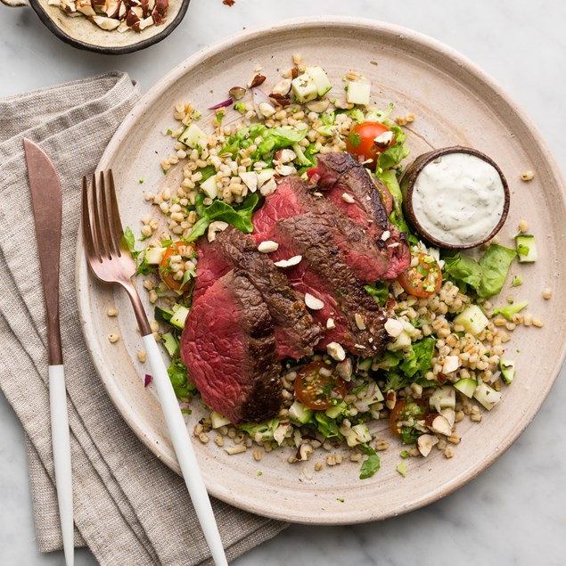 Beef Sirloin Steaks with Summer Vegetables and Horseradish Sauce