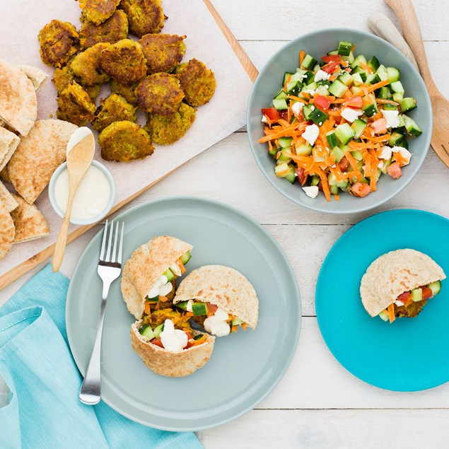 Falafel Pita Pockets with Feta Salad and Hummonnaise