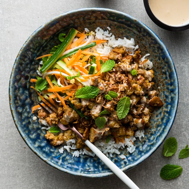 Satay Tempeh with Mung Bean Slaw and Rice