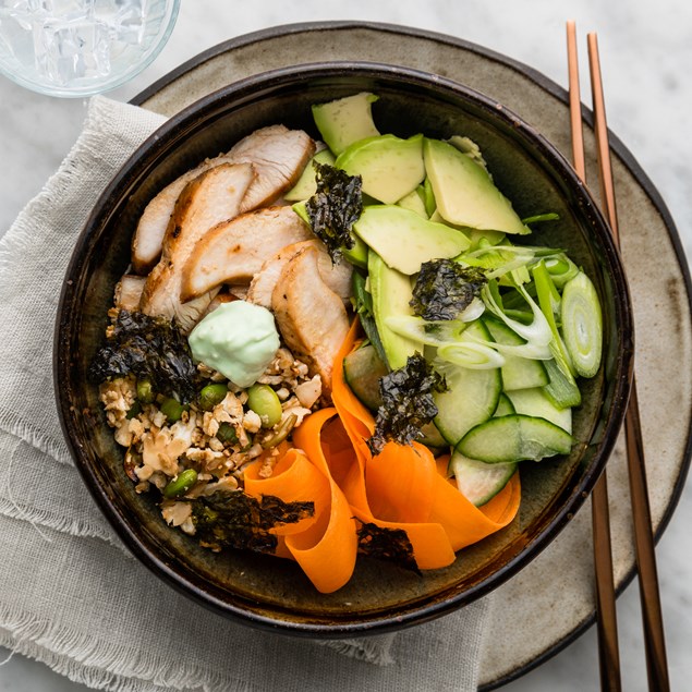 Chicken Sushi Bowl with Edamame, Avocado & Wasabi Cream