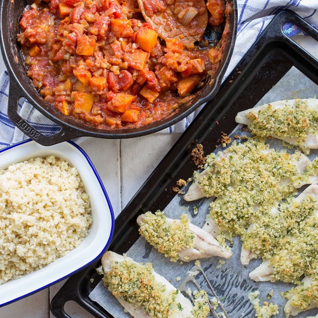 Citrus Cheese-Baked Fish with Pumpkin Ragout and Bulgur Wheat