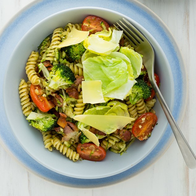 Bacon and Pesto Pasta with Caesar Salad