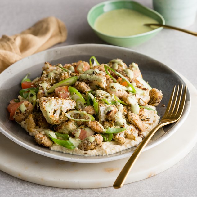 Dukkah Roasted Cauliflower with Crispy Butter Beans & Hummus