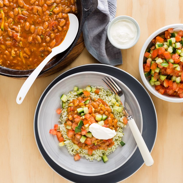 Chilli Bean Casserole with Salsa Verde Rice and Sour Cream