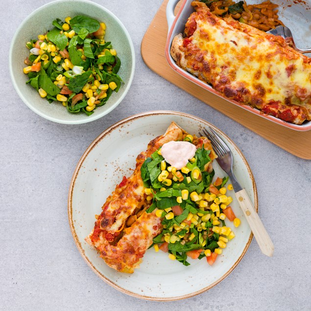 Chilli Bean Enchiladas with Corn Salad