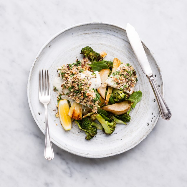 Lemon Gremolata Fish with Parsnip Chips and Caper Crème