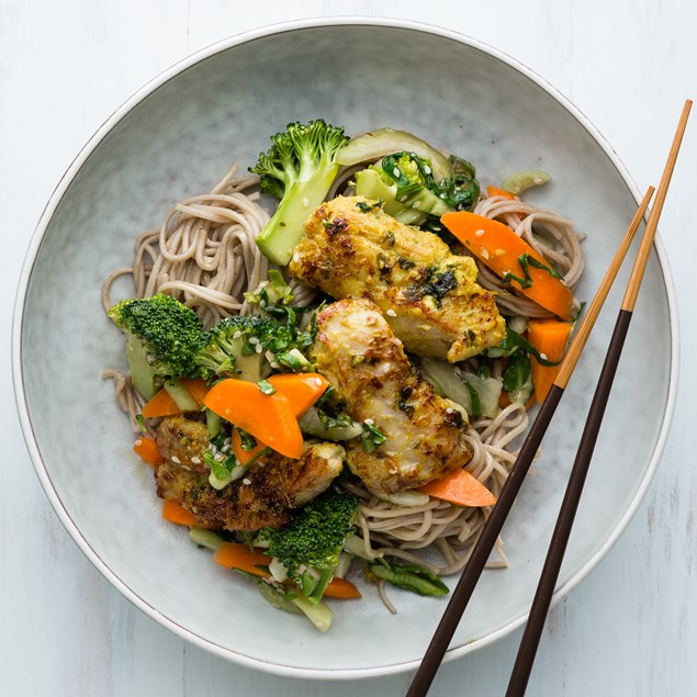 Lemongrass Chicken with Sesame Soy Vegetables and Soba Noodles