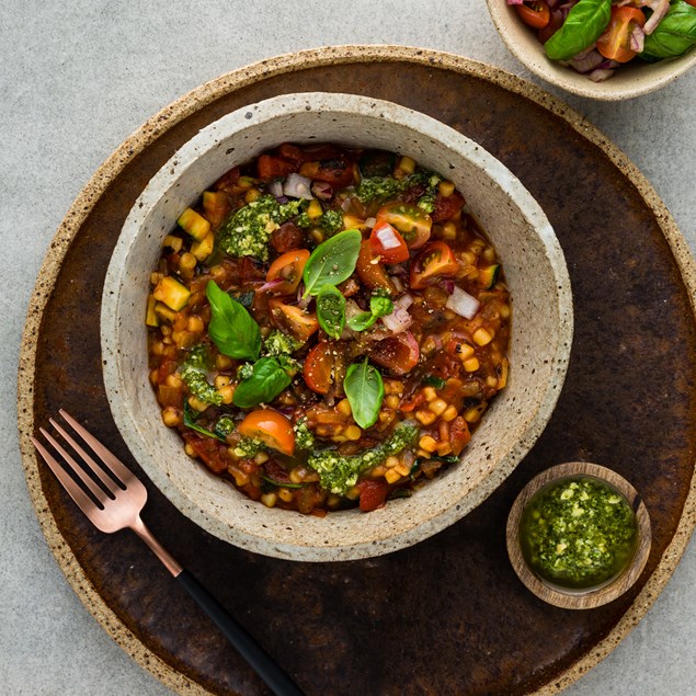 Italian Tomato Fregula with Basil Pesto and Cherry Tomato Salsa