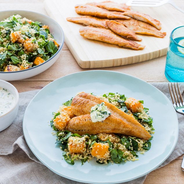 Moroccan Fish with Lemony Butternut Couscous and Cucumber Dip