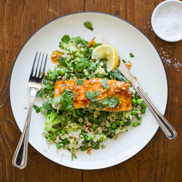 Lemon and Sweet Chilli Grilled Salmon with Pea and Broccoli Rice