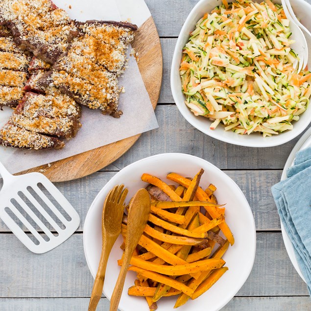 Cheat's Schnitzel and Kumara Chips